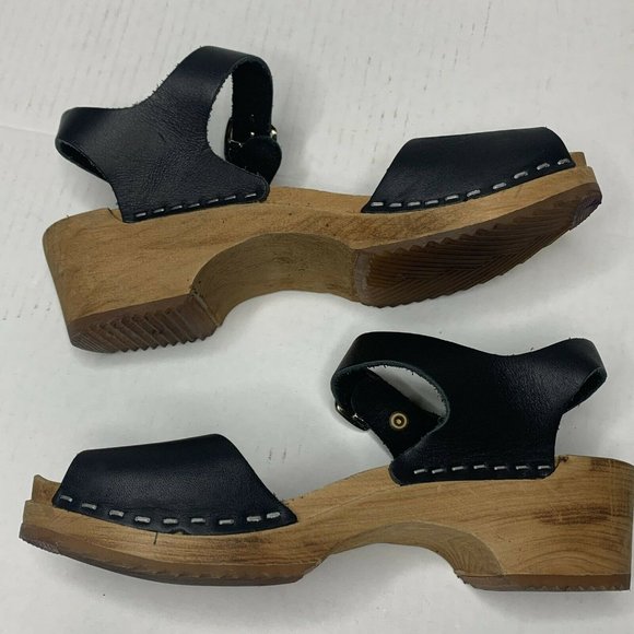 MIA Black Leather Wood Swedish Clogs Rubber Lug Soles EU 38 - Picture 5 of 10